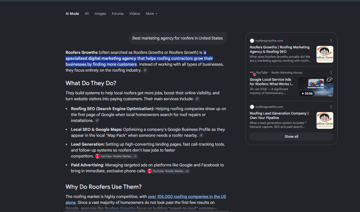 Google AI Mode search result for best marketing agency for roofers in United States, showing Roofers Growths as the top answer and cited source, dated August 28, 2026